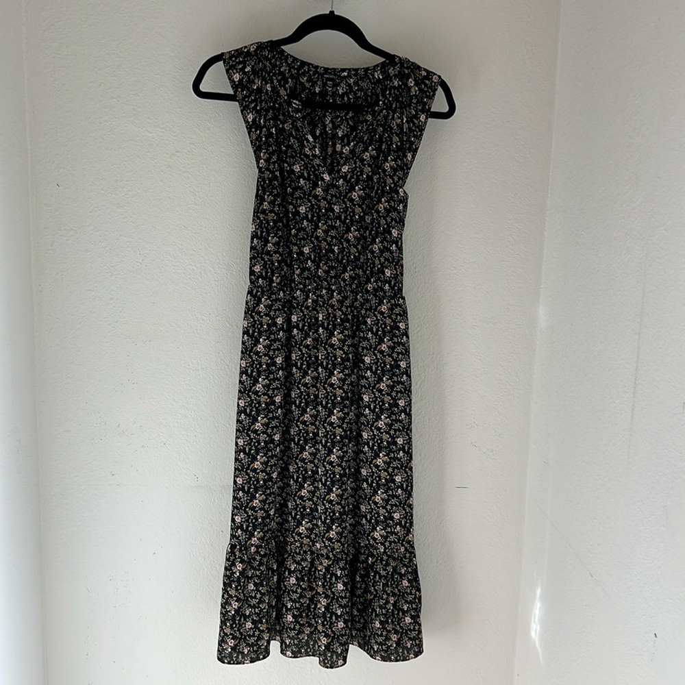 J. Crew Mercantile Black Floral Peasant Blouson Cap Sleeve Midi Dress size XXS